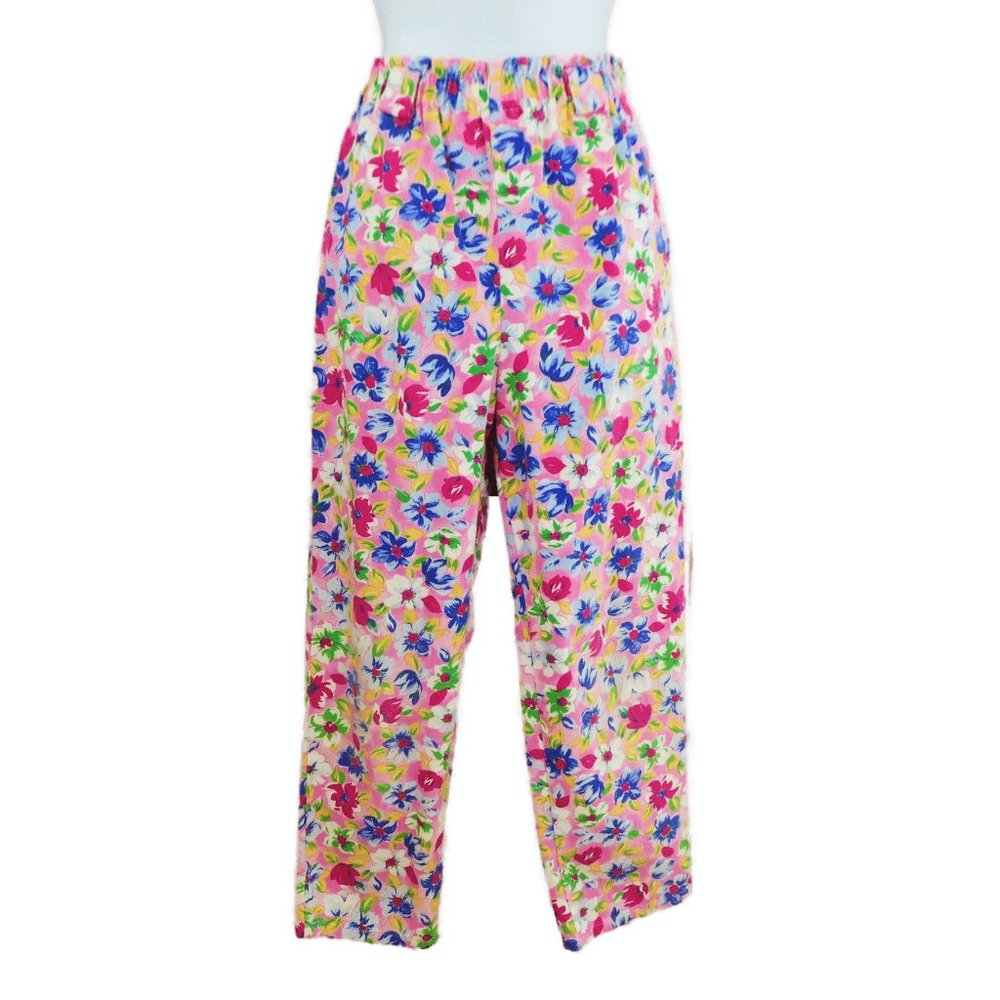 Vintage USA Pink Floral Pull On Pants Girly Retro Elastic Waist Cotton High Rise